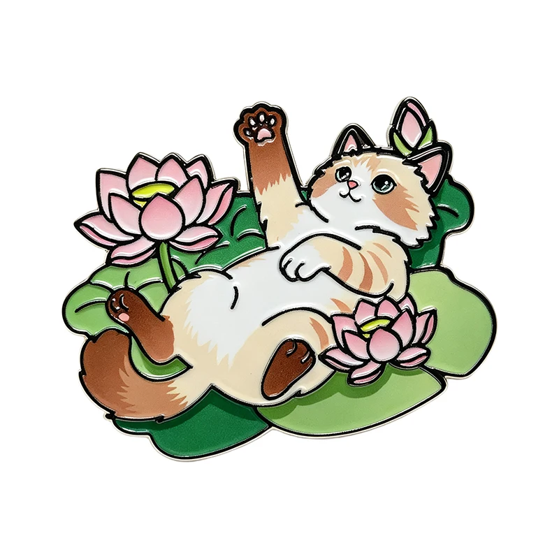 AniPins Relaxed Cartoon Cat Pins 4-design Cute Playing Flowers Kitty Enamel Metal Animal Pin For Clothes Backpack Lapel Badge