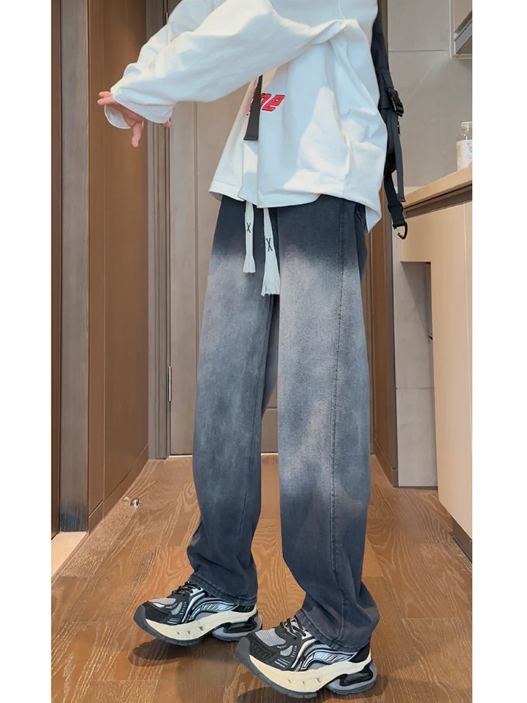 

Американские ретро-джинсы в стиле хип-хоп с градиентным эффектом, мужские, весенне-осенние, модные, прямого кроя, свободные, с высокой талией, на шнурке