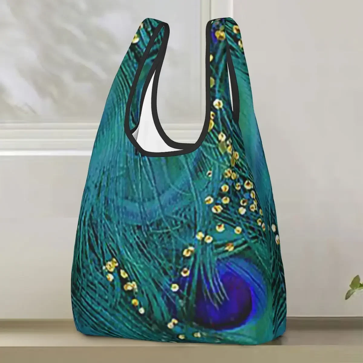 Peacock Feathers Shopping Bag Portable Tote Bags Foldable Shoulder Shopper Bag Grocery Handbag