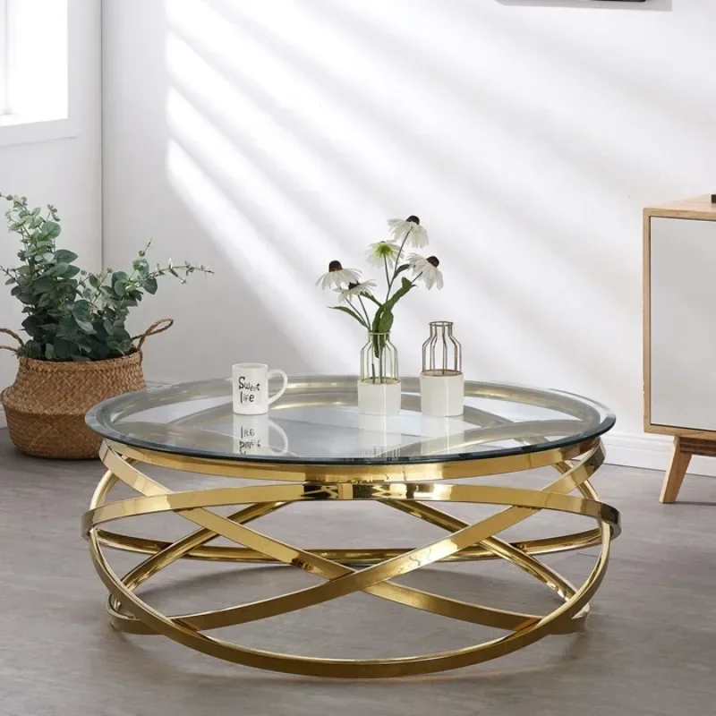 Modern Round Coffee Table Set, Golden Stainless Steel Frame Clear Glass Top Fashion Living Room Side Table