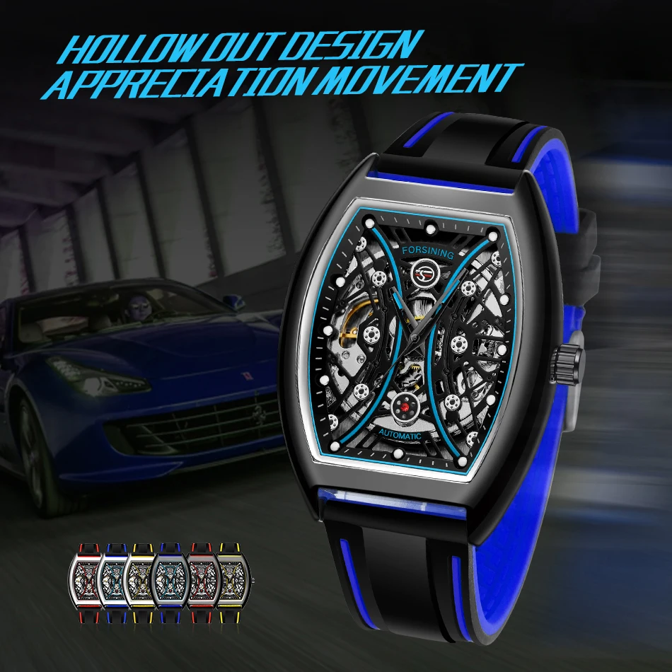 2025FORSINING Original Tonneau Fashion Automatic Mechanical Man Watch Full Auto Tourbillon Skeleton Waterproof Male Wristwatches