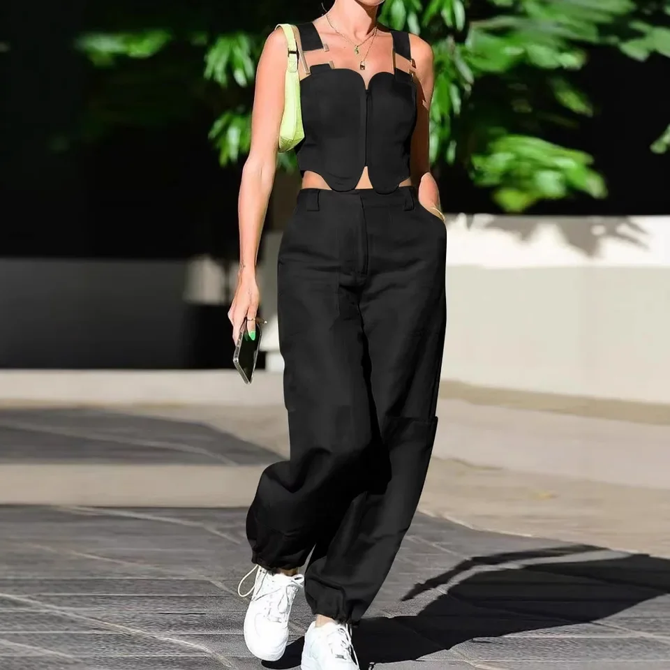 

Sexy Solid Slim Two Piece Set Women Summer Fashion Irregular Zipper Suspender Short Tops Bound Feet Pocket Work Pants Set