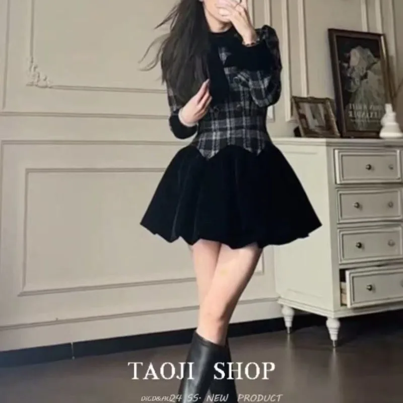 

Французское темпераментное светское платье, осень-зима, новое тонкое и тонкое платье в клетку с бантом, изысканное, простое, повседневное, универсальное