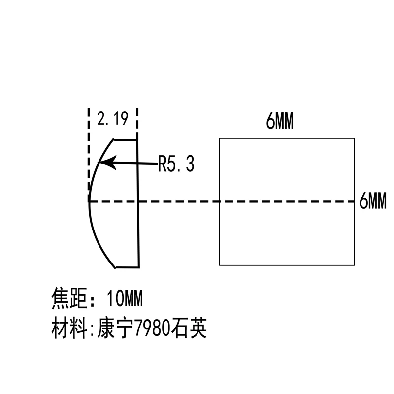Lente cilíndrica convexa Plano, comprimento focal 10mm, Material Corning 7980 Quartz, 6mm x 6mm