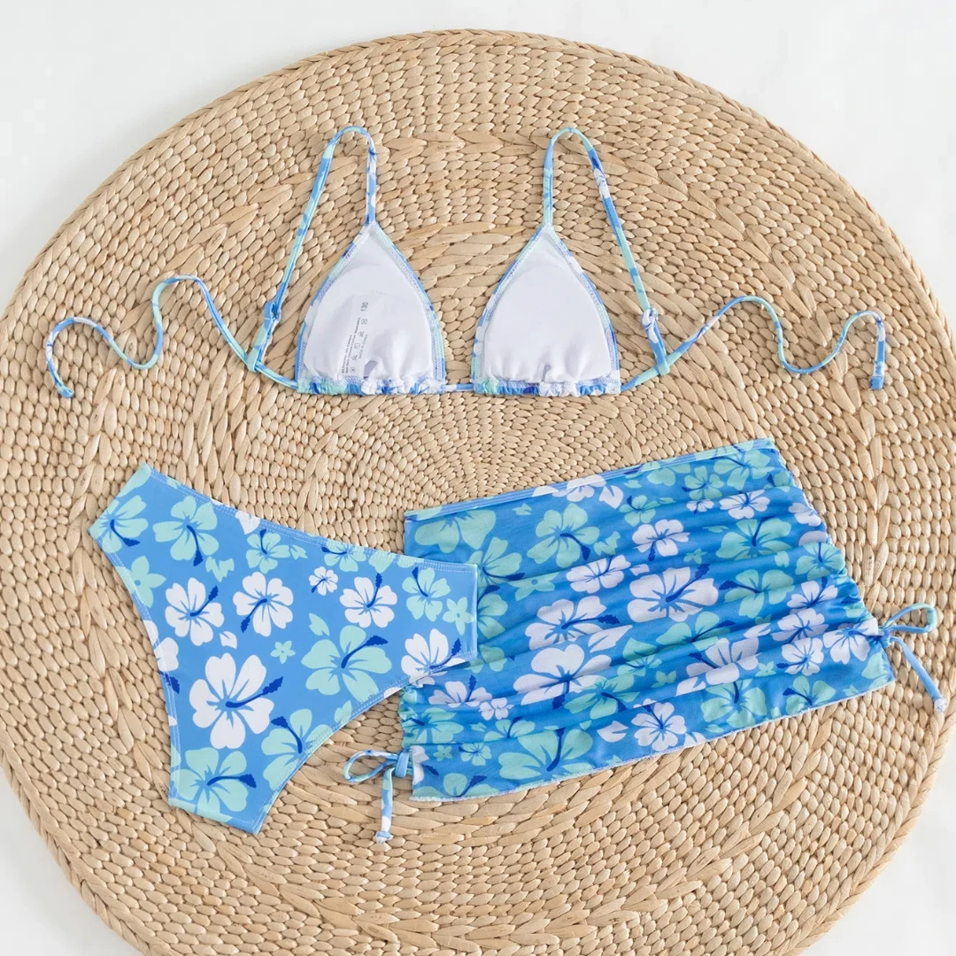 Girls 3pack Flower Bikini Sets Kids Swimsuit& Beach Skirts 7-14 Years Children's Swimwear 2025 Teens Child Girl Bathing Suit