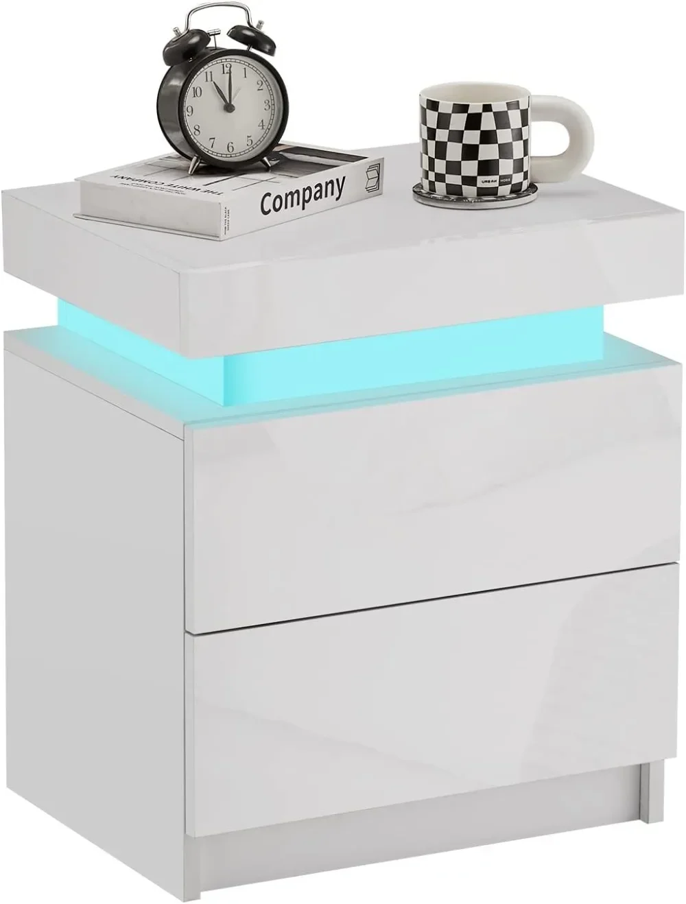 Modern Nightstand, LED Night Stand with 2 High Gloss Chest of Drawers, Bedside Table Cabinet with Remote Control Light, White