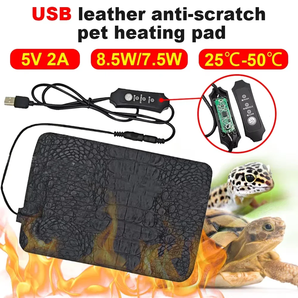 Electric Heating Mat USB Pet Reptile Heater Blanket Timed Temperature Control Pu Thermal Blanket Adjustable 3 Levels Warming Pad