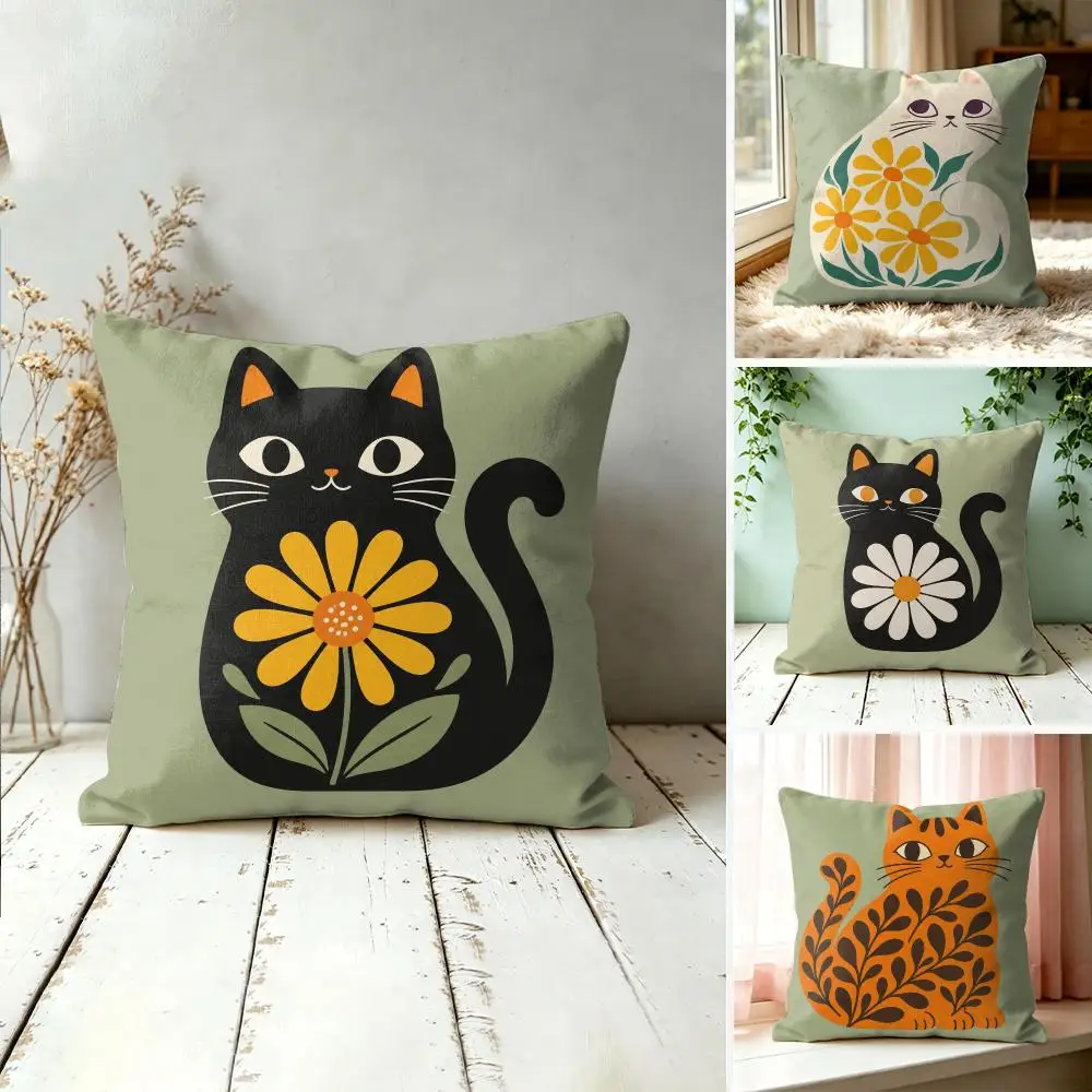 Forest-style Daisy And Cat Print Cushion Cover Square Decorative Throw Pillow 40x40cm For Sofa Bedroom Living Room Home Decor
