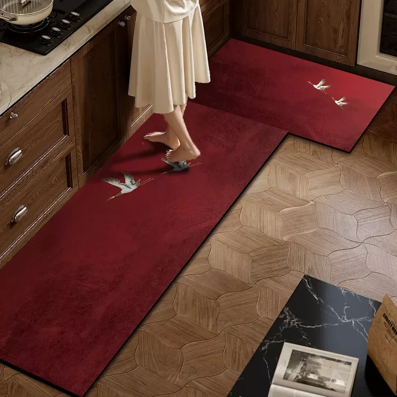 Retro Chinese Kitchen Floor Mat Long Strip Runner Rugs Anti-fouling Dirty Resistant Carpets PVC Wipeable Washable Non-slip Mats