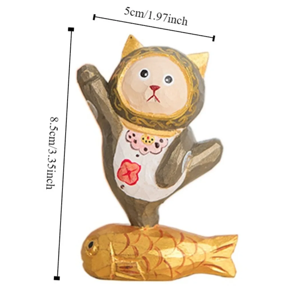 Small Wood Carving Cat Ornament Solid Wood Handmade Painted Cartoon Cat Sculpture Cute Simple Style