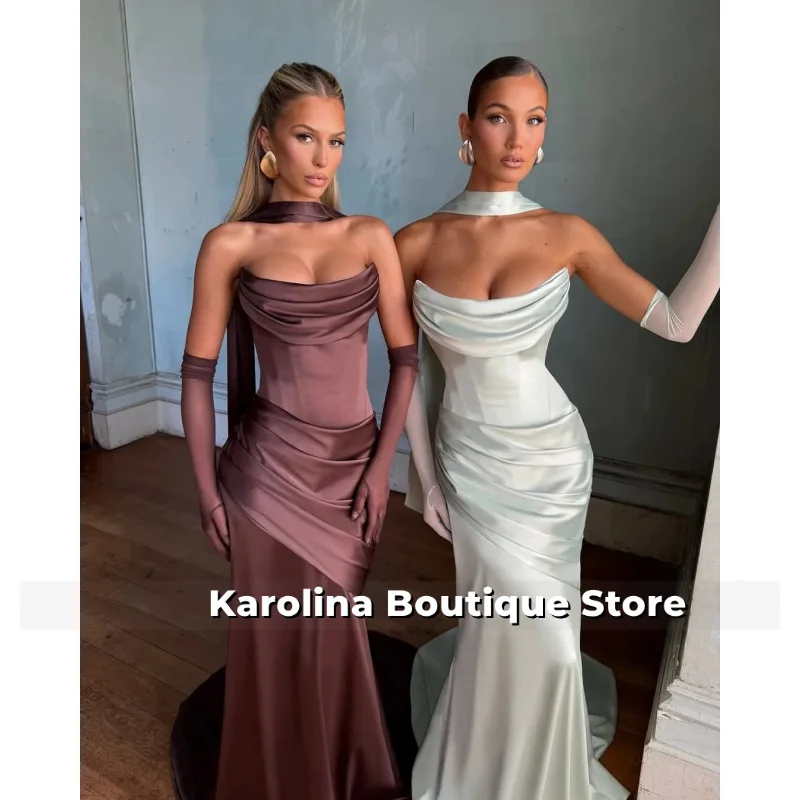 

Elegant Strapless Women'S Evening Dress 2025 Satin Mermaid Pleated Women Sweep Train Ribbons Formal Gowns Customized