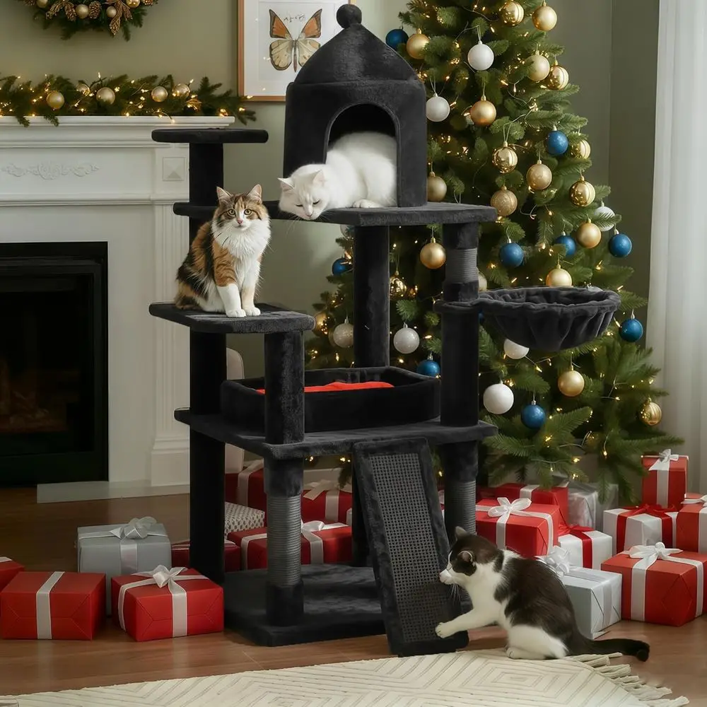 Bewishome Heavy Duty Cat Tree, 51" Gothic Cat Tree With Coin Bed Black Cat Towe…
