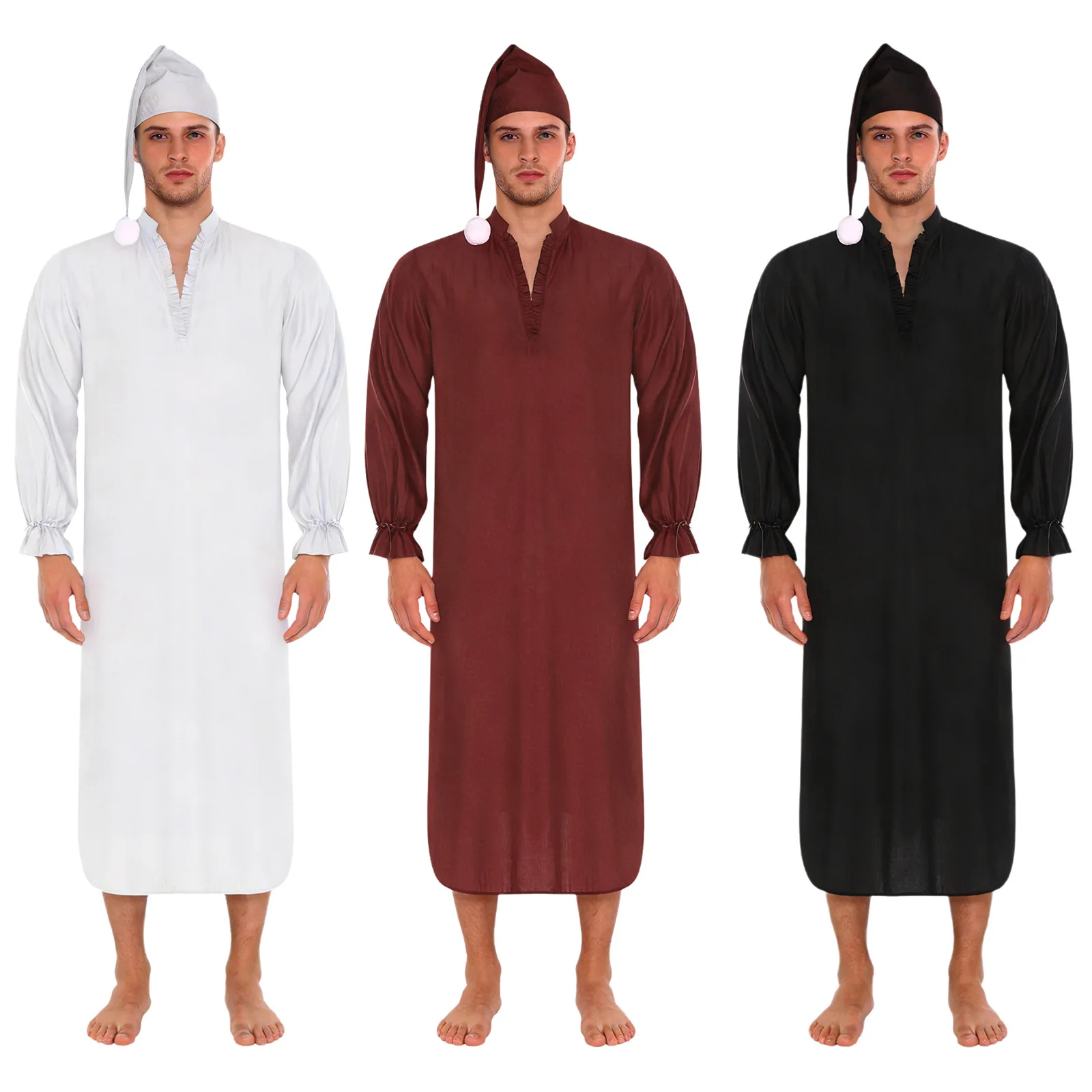 

Mens Vintage Nightgowns with Sleeping Hats Ruffled Trim V Neck Long Sleeve Loose Nightshirts Solid Color Victorian Pajamas Robes