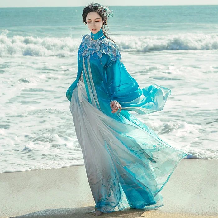 

Hanfu Cosplay Chinese Embroidery Stand Collar Placket Long Shirt Horse Face Skirt Han Suit Female Blue Hanfu Dress