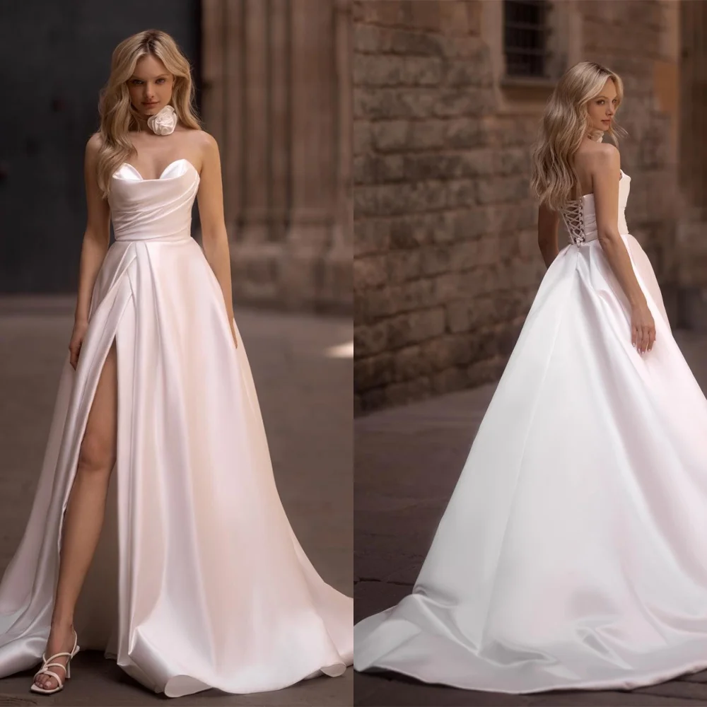

Customized Exquisite White Satin Bridal Gowns Temperament Strapless Sleeveless Wedding Dress Chapel Train Lace Up Back Dress