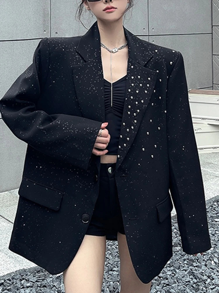 YERMORA Black Rivet Sequines Fashion Casual Blazer For Women Lapel Long Sleeve Loose New Jacket Tide Spring Autumn 2025