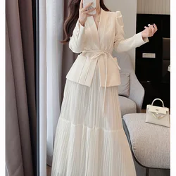 2023 New Spring Autumn Women Skirt Suit Elegant Korean Lace-Up Fashion Blazer + Long Mesh Skirt Casual Evening Party 2-Piece Set