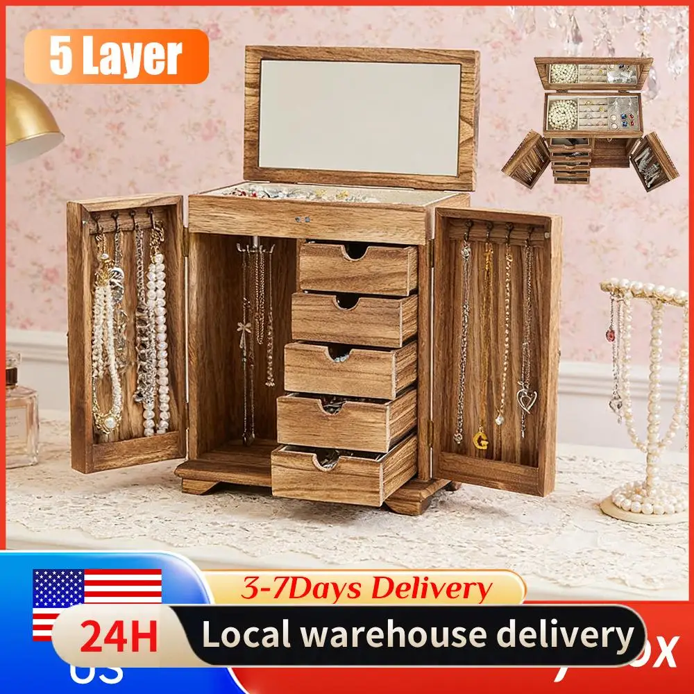 

Деревянная шкатулка для украшений с 5 ярусами, выдвижными ящиками и зеркалом – органайзер для хранения и демонстрации ювелирных изделий, колье, серег