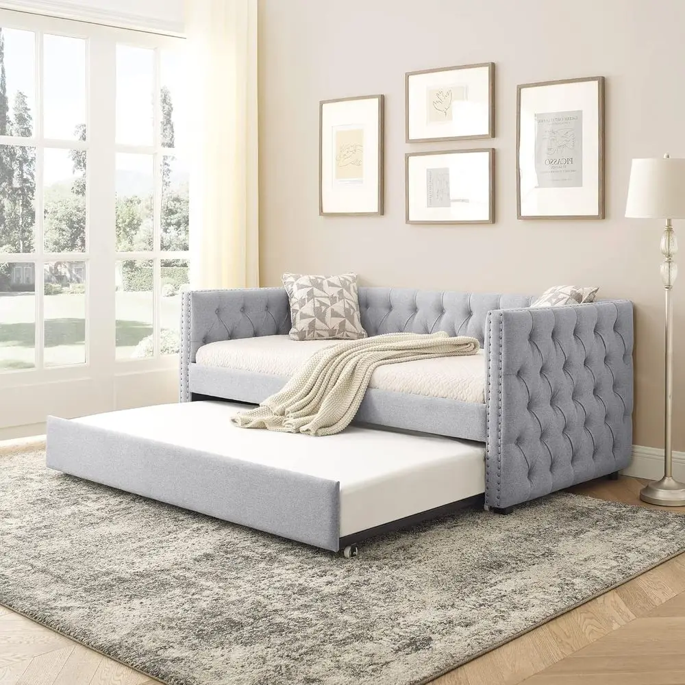 

Grey Twin Upholstered Daybed with Trundle and Button Tufted Sofa Bed Frame for Adults and Kids, No Box Spring Needed