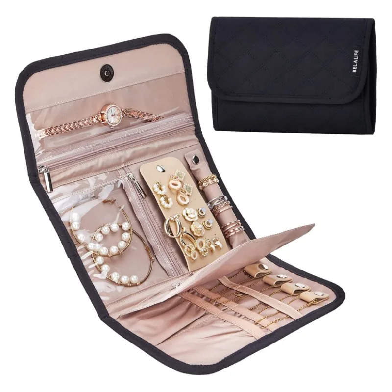 Roll Foldable Jewelry Case Travel Jewelry Organizer Portable for Journey Earrings Rings Diamond Necklaces Brooches Storage Bag