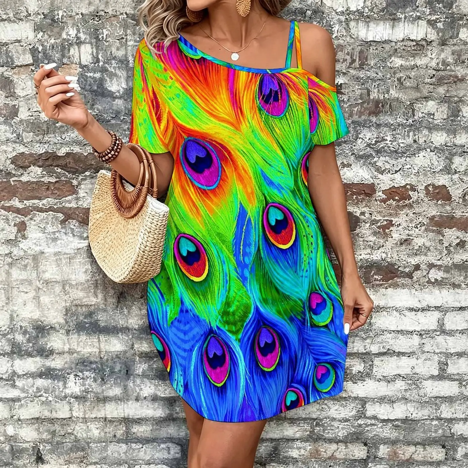 Women Print Cold Shoulder Short Sleeve Mini Dress Irregular Off Shoulder Casual Loose Tunic Dress