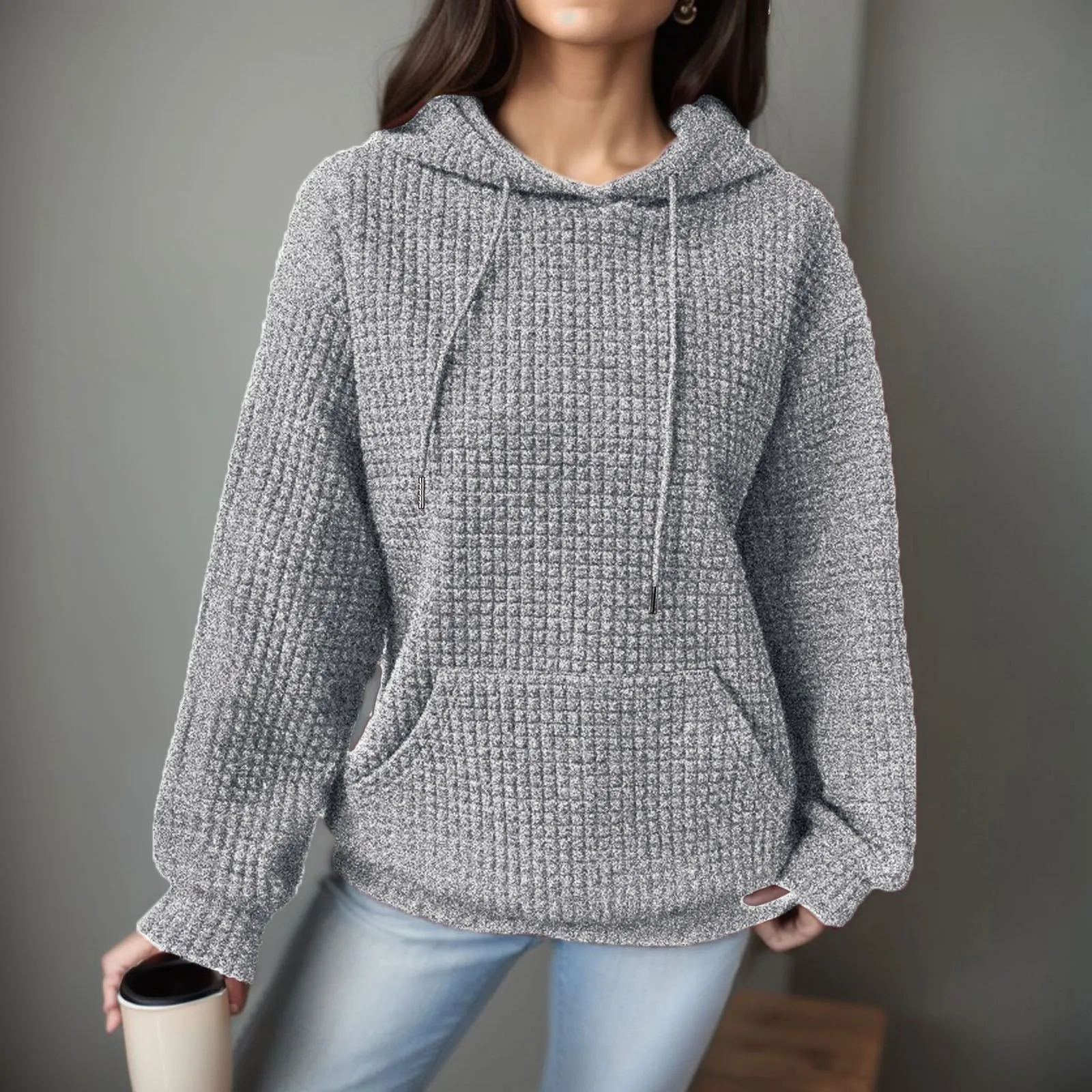 

New Waffle Hooded Sweatshirt Women Spring Autumn Drawstring Long Sleeve Loose Pullover Top Leisure hoodies for teen girls