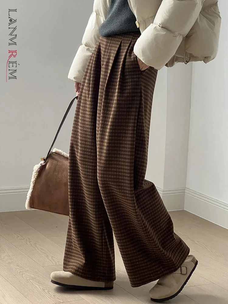 [LANMREM] Plaid Contrast Color High Waist Straight Pants Straight Wide Leg Trousers Vintage Trousers 2024 Winter New 26C1335