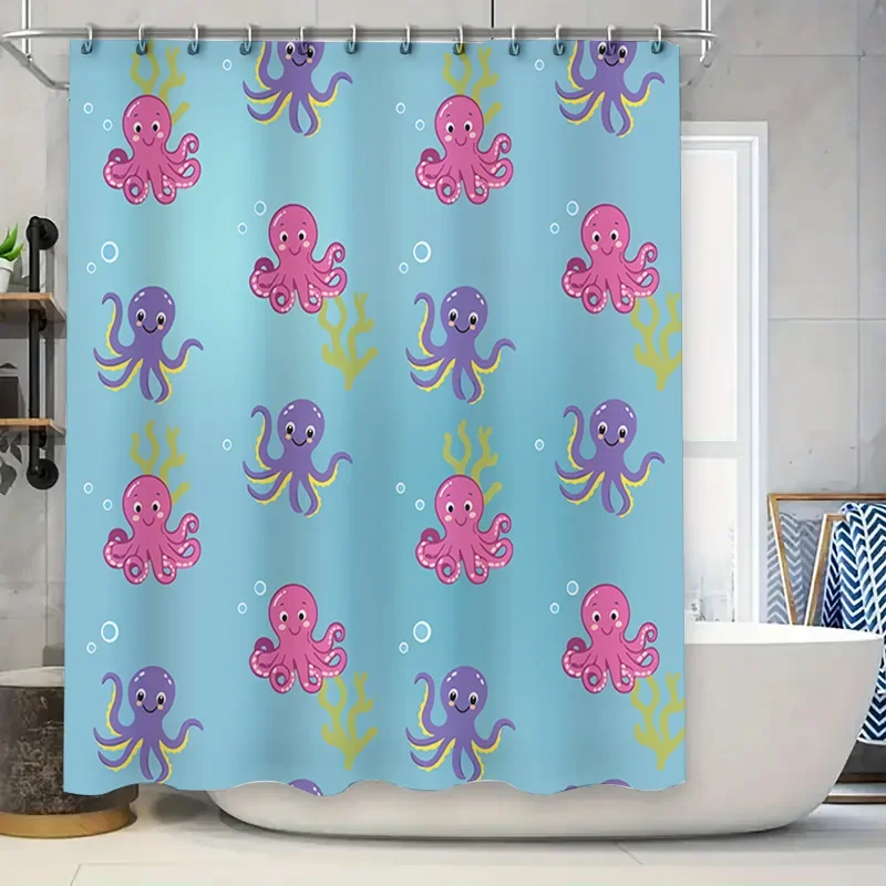 

Octopus Bath Shower Curtain Kids Cartoon Blue Bathroom Decor Waterproof Washable Home Decoration