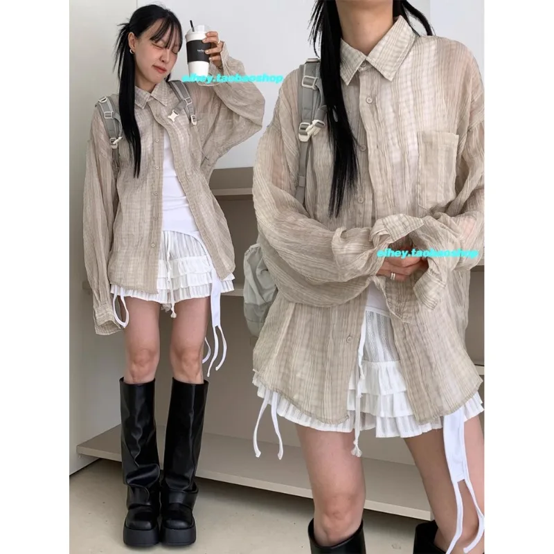 Polo Collar Pleated Loose Sunscreen Long-sleeved Shirt Women 2025 Summer New Korean Contrast Color Plaid Casual Blouse