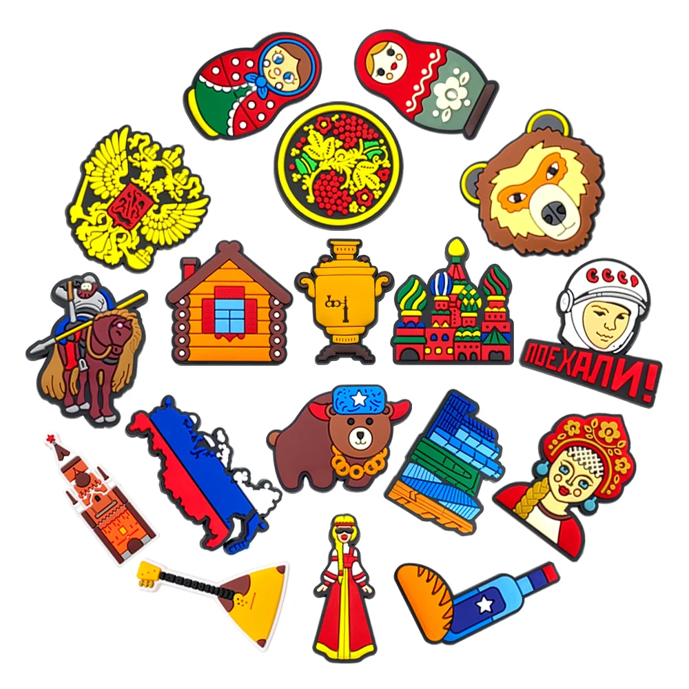 18pcs/set Cartoon Russian style Shoe Charms Designer Cute Shoe Charms Decoration Sandal Accessories for Kids Gifts