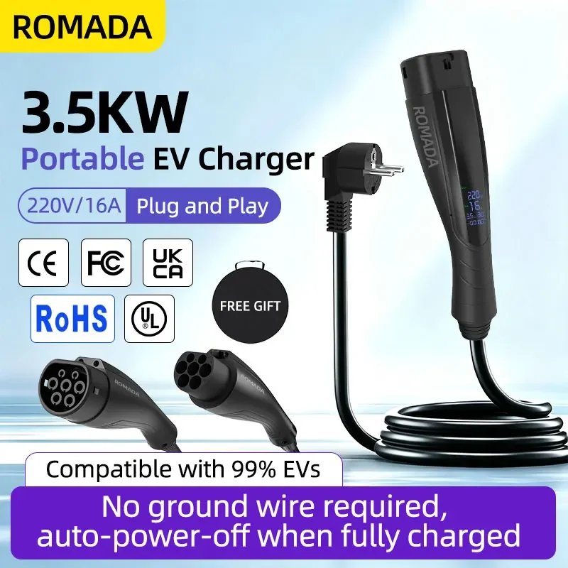 ROMADA Plug and Play Portable EV Charger EU plug Type2 GBT 16A 3.5KW EVSE with Display 3M 5M 10M Cable for Home Outdoor