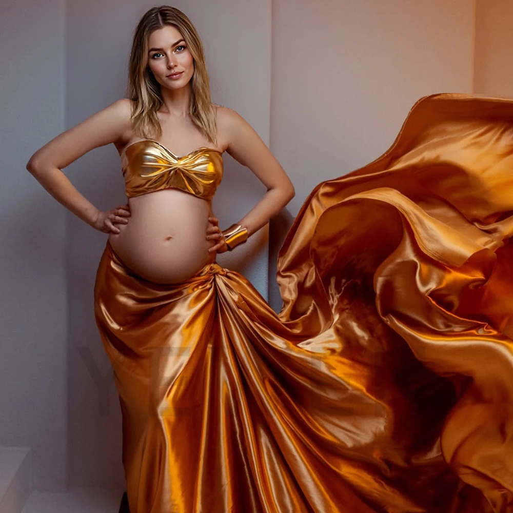 Golden Maternity Photoshoot Dress for Photo Shoot Photography Props Baby Belly Shooting Dress for Pregnant Woman Ceremony Dress