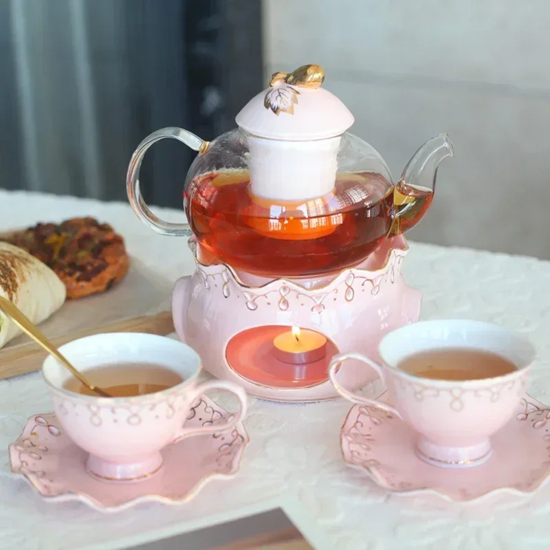 6PCS European Style Fruit Flower Tea Cup Household Ceramic Candle Heating Glass Flower Teapot English Afternoon Tea Tea Set