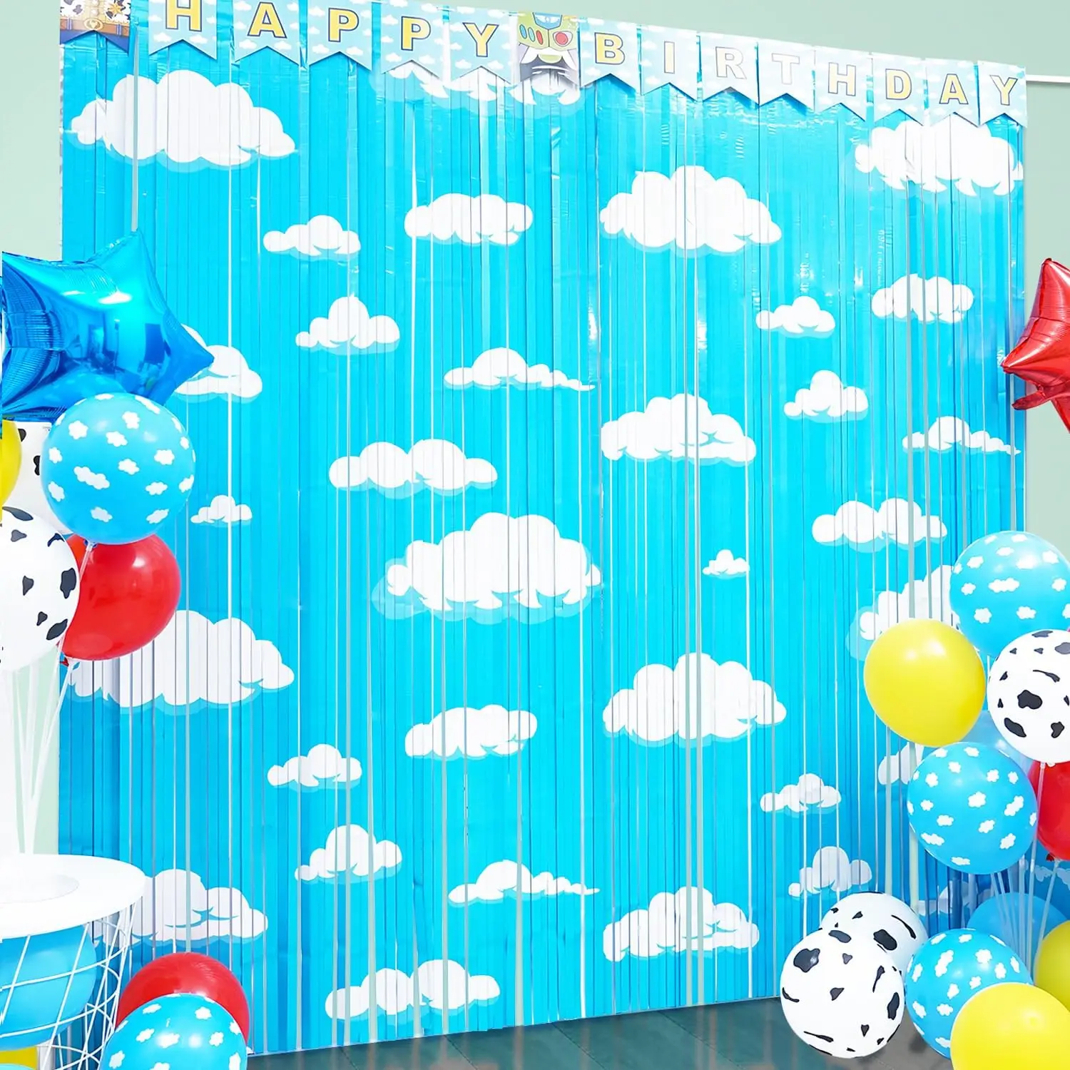 

Blue Sky White Clouds Party Supplies, Clouds Tinsel Foil Fringe Curtains Blue Sky White Clouds Party Balloons