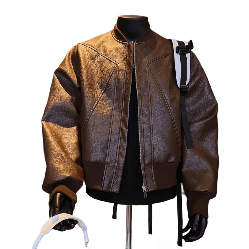 Bike Riding Men's PU Leather Jacket Stand-Up Collar Jacket Men's Casual Winter Coat Jacket Office Use Regular Top Length