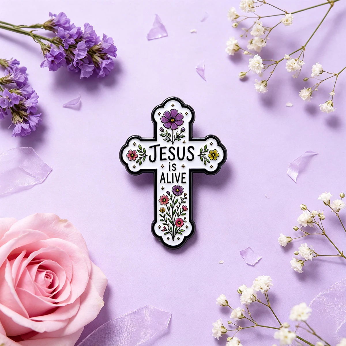 9 Stück Blumenkreuz-Emaille-Anstecknadeln „Jesus ist lebendig“ Zitate Reversnadel Religiöses Glaubensabzeichen für Kleidung Rucksack Dekoration Geschenk – Detail 6