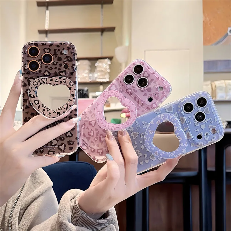 Korean Leopard Print Love Heart Mirror Bracket Phone Case for iPhone 17 16 13 14 Pro Max Candy Color Shockproof Protective Cover