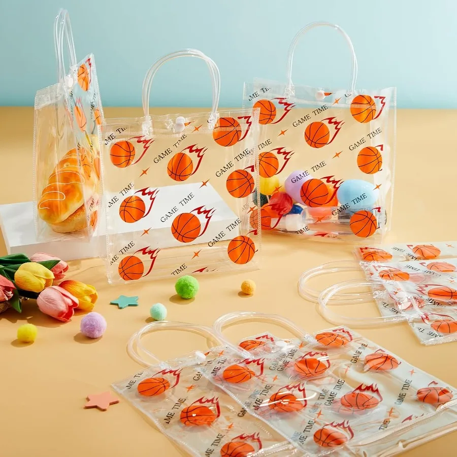 24개 농구공 투명 PVC 선물 가방 손잡이 포함 대량 8 x 8 x 3인치 스포츠 테마 간식 가방 농구팀 선물