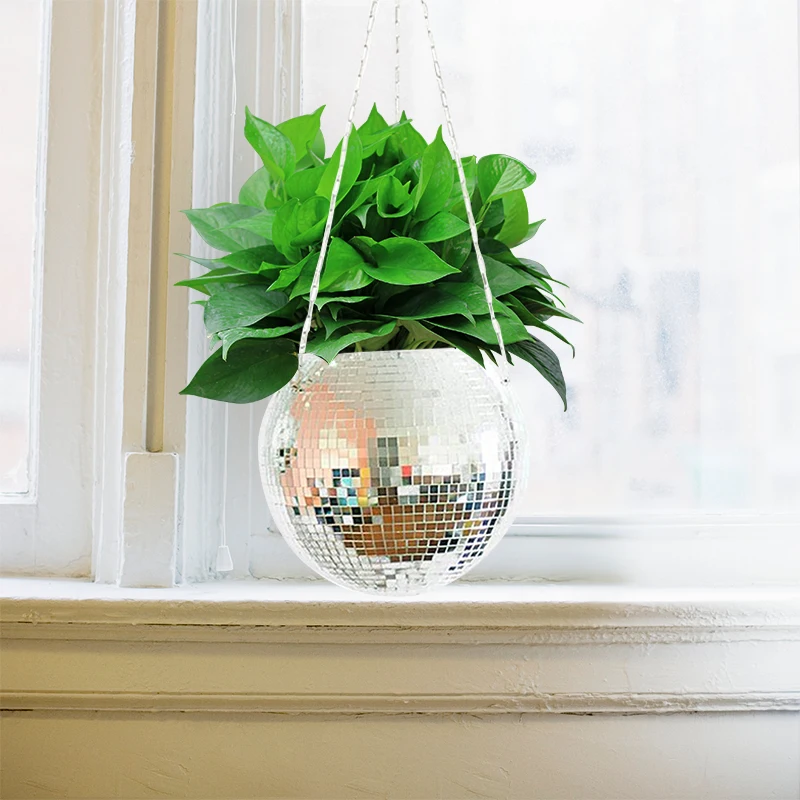 Disco-Spiegelkugel Hängender Blumentopf Sukkulenten-Pflanzgefäß für Innen- und Gartenbereich Wanddekoration Vase mit Holzring-Kette – Detail 7