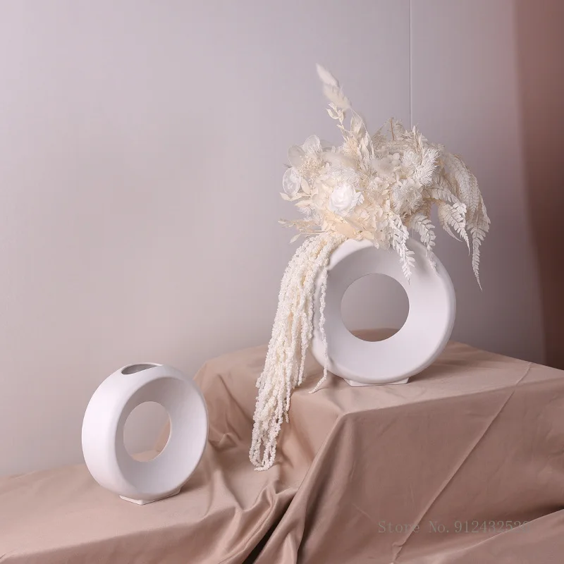 Nordic Creative Ceramic Circular Vase, Home Dining Table Living Room Bedroom Office Decor Accessories, High-end Flower Ware, 1Pc