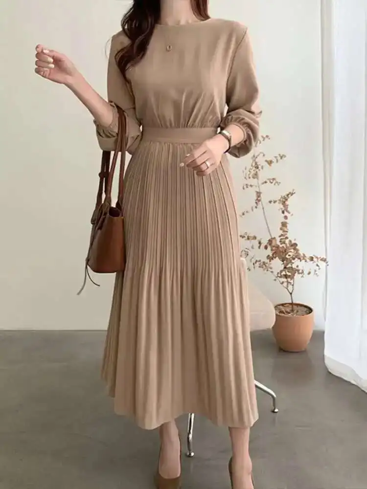 Korea Chic Herfst Casual Trend Vrouwen O Hals Riem Mode Eenvoudige Geplooide Jurk Met Lange Mouwen 2025, Lente Herfst