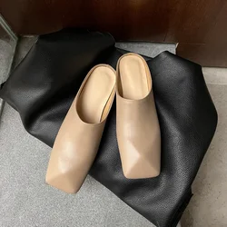 Flat Shoes Woman Slip On Cowhide Real Leather Mules Female Muller Shoes Square Toe Footwear Basic Style Handmade Ladies Flats