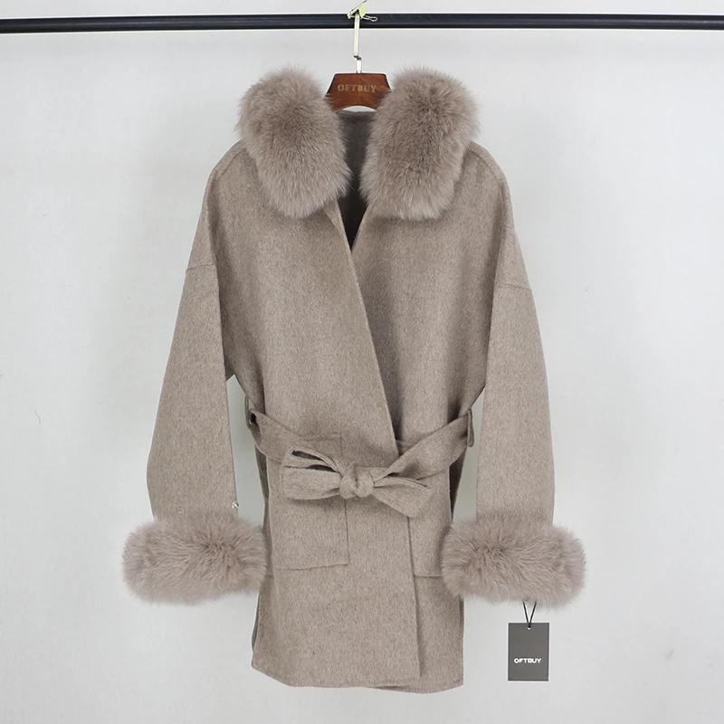 

MENINA BONITA Real Fur Coat Winter Jacket Women Natural Fox Fur Collar Cuffs Hood Cashmere Wool Woolen Oversize Ladies Outerwear