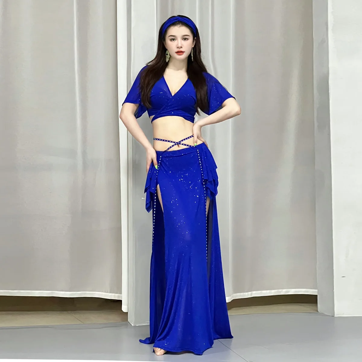 Summer Hot Sale Hight Quality Women Girls Practice Costume Mesh Straight Sleeve Belly Dance Set