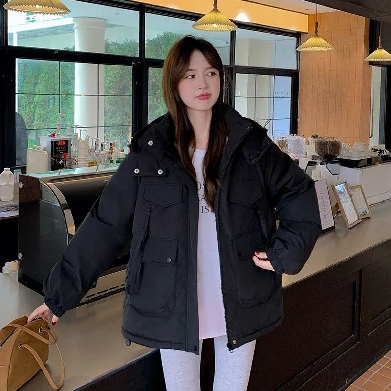 

2025 женская короткая парка, зимнее пальто, свободная посадка с капюшоном на флисовой подкладке, корейская хлопковая куртка в стиле милитари, модная