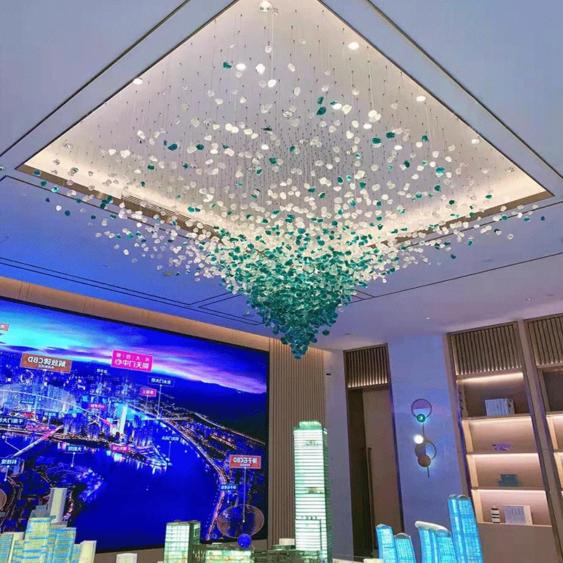 

Glass Crystal Chandelier Bar Living Room Large Hotel Engineering Hanging Light Ceiling Green Color Stone Luxury Pendant Lamp LED