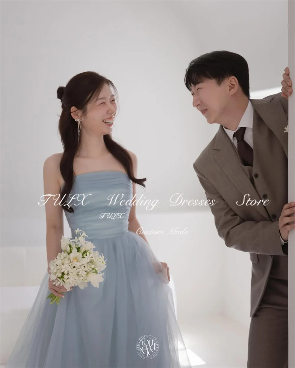 TULX Fairy Blue Tulle A line Long Evening Dress Korea Wedding Photo Shoot Strapless With Shawl Party Dress Corset Customized