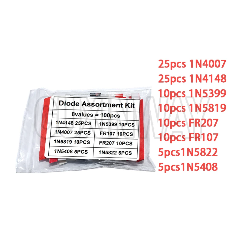 100 قطعة 8 قيم ديود طقم مكونات إلكترونية التبديل السريع مجموعة شوتكي 1N4148 1N4007 1N5819 1N5399 1N5408 1N5822 FR107 FR207 #2