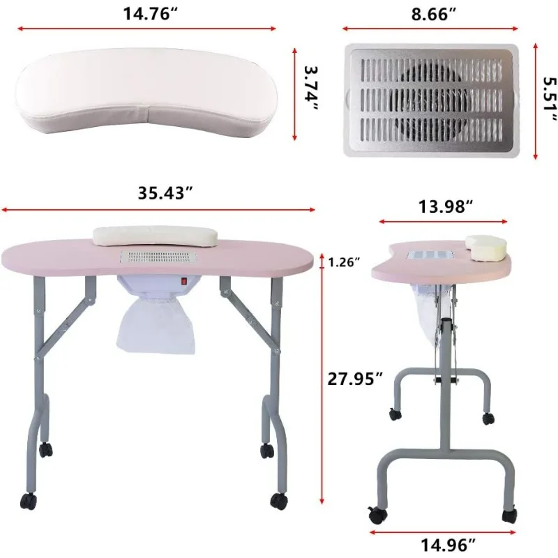 Portable Manicure Table with Dust Collector Professional Nail Table for Technician Spa Salon Workstation with 4 Lockable Wheels