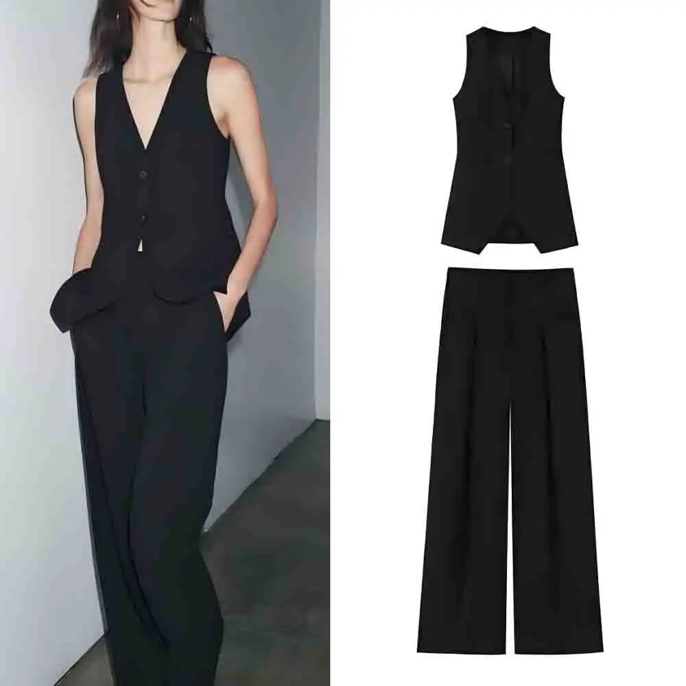 

Women's new fashion pocket decoration slim single breasted V-neck vest retro sleeveless women's vest chic top+Pants suit